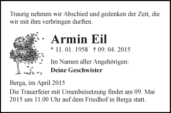 Traueranzeige von Armin Eil von Super Sonntag SGH Mansf. Land