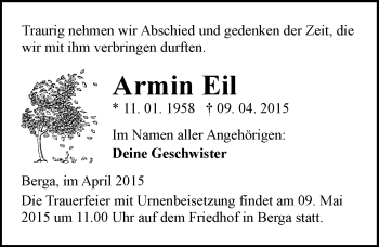 Traueranzeige von Armin Eil von Mitteldeutsche Zeitung Sangerhausen