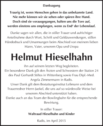 Traueranzeige von Helmut Hieselhahn von WVG - Wochenspiegel Wittenberg