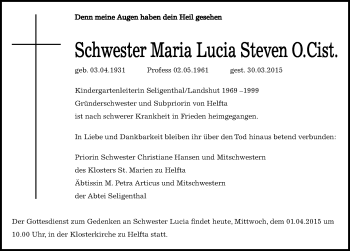 Traueranzeige von Maria Lucia Steven O Cist von Mitteldeutsche Zeitung Mansfelder Land