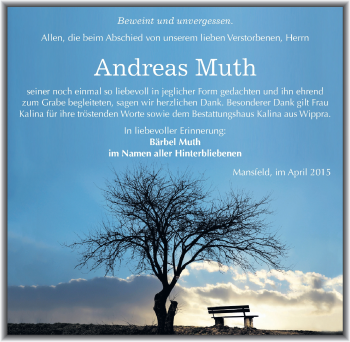 Traueranzeige von Andreas Muth von Mitteldeutsche Zeitung Mansfelder Land