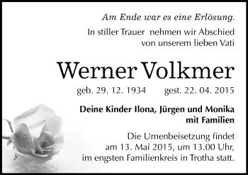 Traueranzeige von Werner Volkmer von Mitteldeutsche Zeitung Halle/Saalkreis