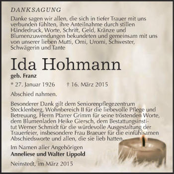 Traueranzeige von Ida Hohmann von WVG - Wochenspiegel Quedlinburg