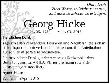 Traueranzeige von Georg Hicke von Mitteldeutsche Zeitung Bitterfeld