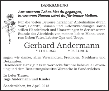 Traueranzeige von Gerhard Andermann von Wochenspiegel Mansfelder Land