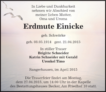 Traueranzeige von Erdmute Einicke von Mitteldeutsche Zeitung Sangerhausen