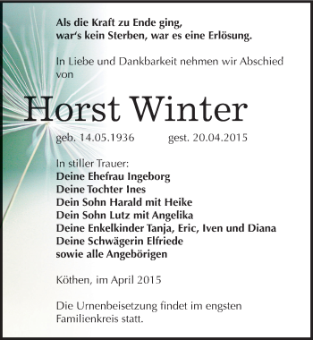 Traueranzeige von Horst Winter von Mitteldeutsche Zeitung Köthen
