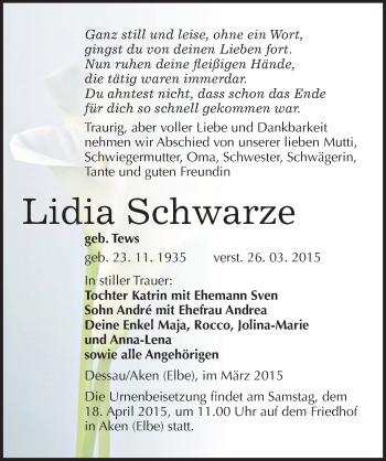 Traueranzeige von Lidia Schwarze von Mitteldeutsche Zeitung Dessau-Roßlau