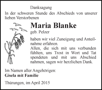 Traueranzeige von Maria Blanke von Super Sonntag SGH Mansf. Land