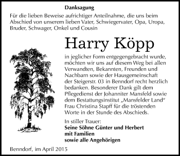Traueranzeige von Harry Köpp von Mitteldeutsche Zeitung Mansfelder Land