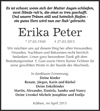 Traueranzeige von Erika Peter von WVG - Wochenspiegel Dessau / Köthen