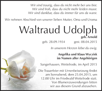 Traueranzeige von Waltraud Udolph von Super Sonntag SGH Mansf. Land