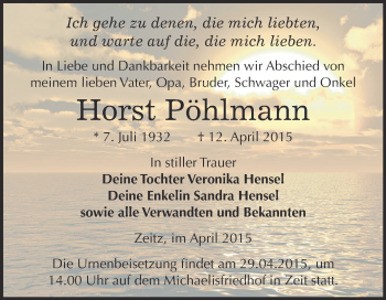 Traueranzeige von Horst Pöhlmann von Super Sonntag Zeitz
