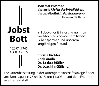 Traueranzeige von Jobst Bott von Mitteldeutsche Zeitung Bitterfeld