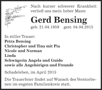 Traueranzeige von Gerd Bensing von Super Sonntag Aschersleben