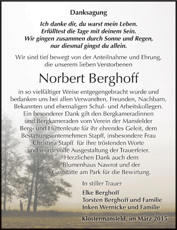 Traueranzeige von Norbert Berghoff von Mitteldeutsche Zeitung Mansfelder Land