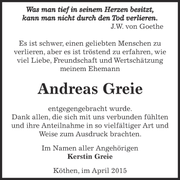 Traueranzeige von Andreas Greie von WVG - Wochenspiegel Dessau / Köthen