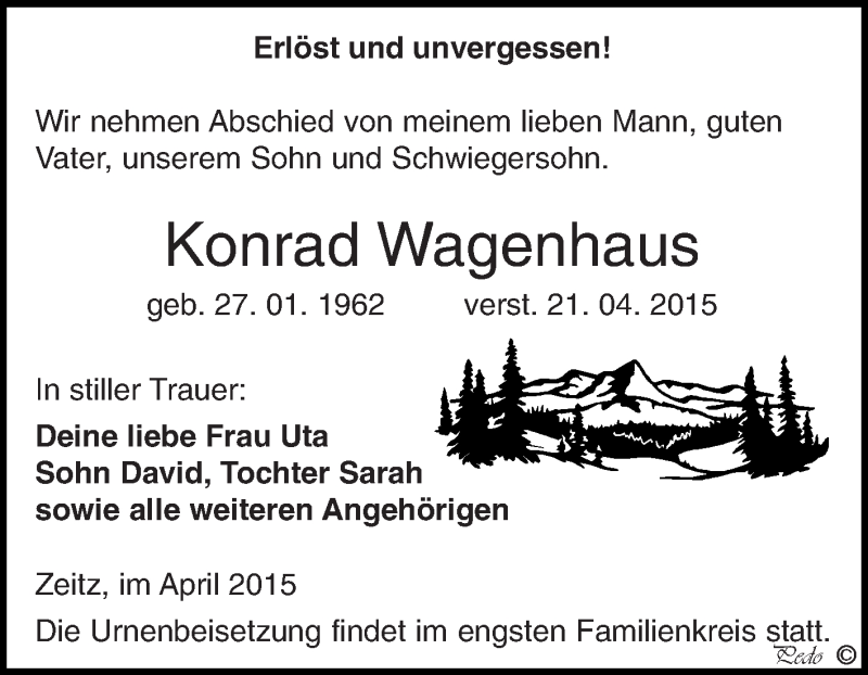  Traueranzeige für Konrad Wagenhaus vom 26.04.2015 aus Super Sonntag Zeitz