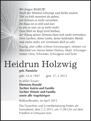 Traueranzeige von Heidrun Holzwig von WVG - Wochenspiegel Wittenberg