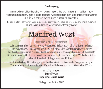 Traueranzeige von Manfred Wust von Mitteldeutsche Zeitung Köthen
