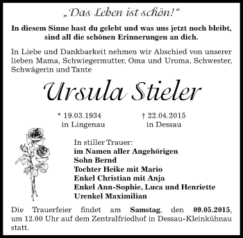 Traueranzeige von Ursula Stieler von Mitteldeutsche Zeitung