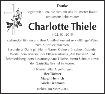 Traueranzeige von Charlotte Thiele von Super Sonntag Wittenberg