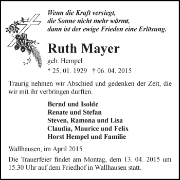 Traueranzeige von Ruth Mayer von Super Sonntag SGH Mansf. Land