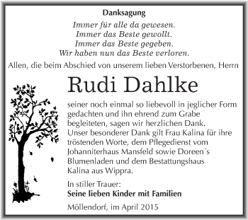 Traueranzeige von Rudi Dahlke von Wochenspiegel Mansfelder Land