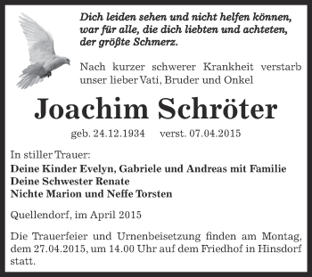 Traueranzeige von Joachim Schröter von WVG - Wochenspiegel Dessau / Köthen