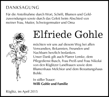 Traueranzeige von Elfriede Gohle von WVG - Wochenspiegel Merseburg