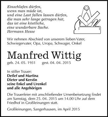 Traueranzeige von Manfred Wittig von Mitteldeutsche Zeitung Sangerhausen