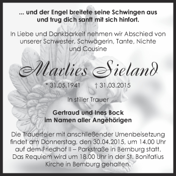 Traueranzeige von Marlies Sieland von Super Sonntag Bernburg