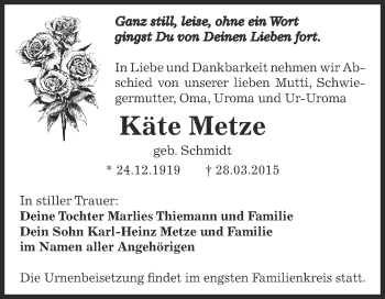 Traueranzeige von Käte Metze von WVG - Wochenspiegel Dessau / Köthen