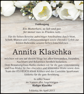 Traueranzeige von Annita Klaschka von WVG - Wochenspiegel Dessau / Köthen