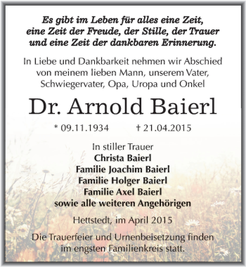 Traueranzeige von Arnold Baierl von Mitteldeutsche Zeitung Mansfelder Land