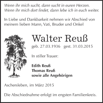 Traueranzeige von Walter Reuß von Super Sonntag Aschersleben