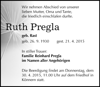 Traueranzeige von Ruth Pregla von Mitteldeutsche Zeitung Bernburg