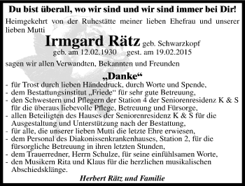 Traueranzeige von Irmgard Rätz von Mitteldeutsche Zeitung Dessau-Roßlau