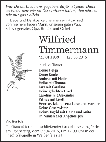Traueranzeige von Wilfried Timmermann von WVG - Wochenspiegel NMB / WSF / ZTZ