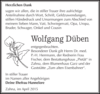 Traueranzeige von Wolfgang Düben von Super Sonntag Wittenberg