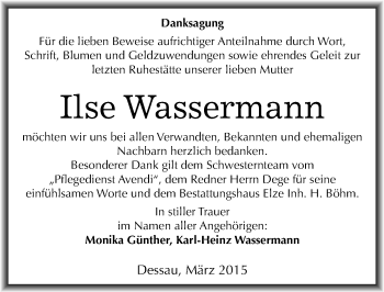 Traueranzeige von Ilse Wassermann von Mitteldeutsche Zeitung Dessau-Roßlau