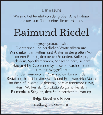 Traueranzeige von Raimund Riedel von WVG - Wochenspiegel Quedlinburg