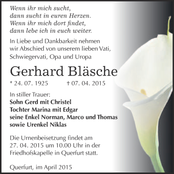 Traueranzeige von Gerhard Bläsche von WVG - Wochenspiegel Merseburg
