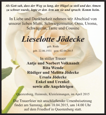 Traueranzeige von Lieselotte Jödecke von Mitteldeutsche Zeitung Sangerhausen