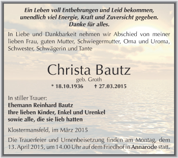 Traueranzeige von Christa Bautz von Wochenspiegel Mansfelder Land
