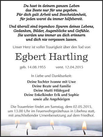 Traueranzeige von Egbert Hartling von WVG - Wochenspiegel Dessau / Köthen