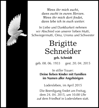 Traueranzeige von Brigitte Schneider von Mitteldeutsche Zeitung Merseburg/Querfurt