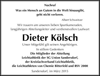 Traueranzeige von Dieter Kölsch von Mitteldeutsche Zeitung Bitterfeld