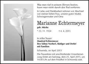 Traueranzeige von Marianne Echtermeyer von Mitteldeutsche Zeitung Sangerhausen