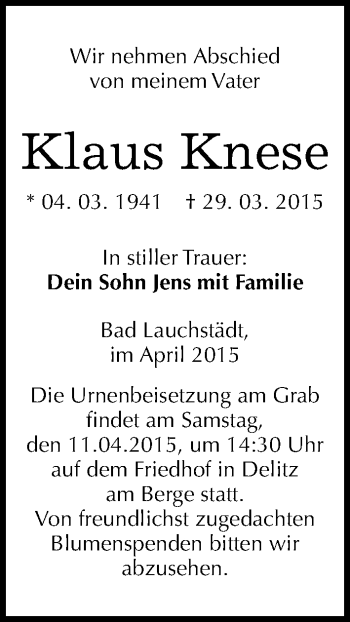 Traueranzeige von Klaus Knese von Mitteldeutsche Zeitung Merseburg/Querfurt